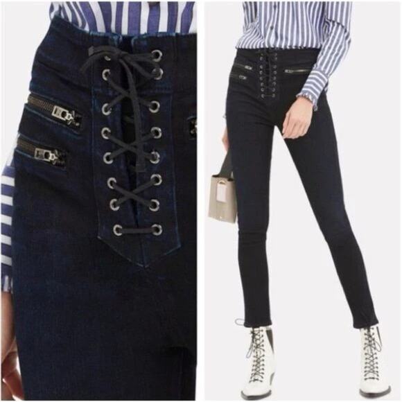 Veronica Beard Jeans Denim Sz 27 Lita 10" Moto Lace Up Made in USA Skinny Dark - Picture 1 of 13